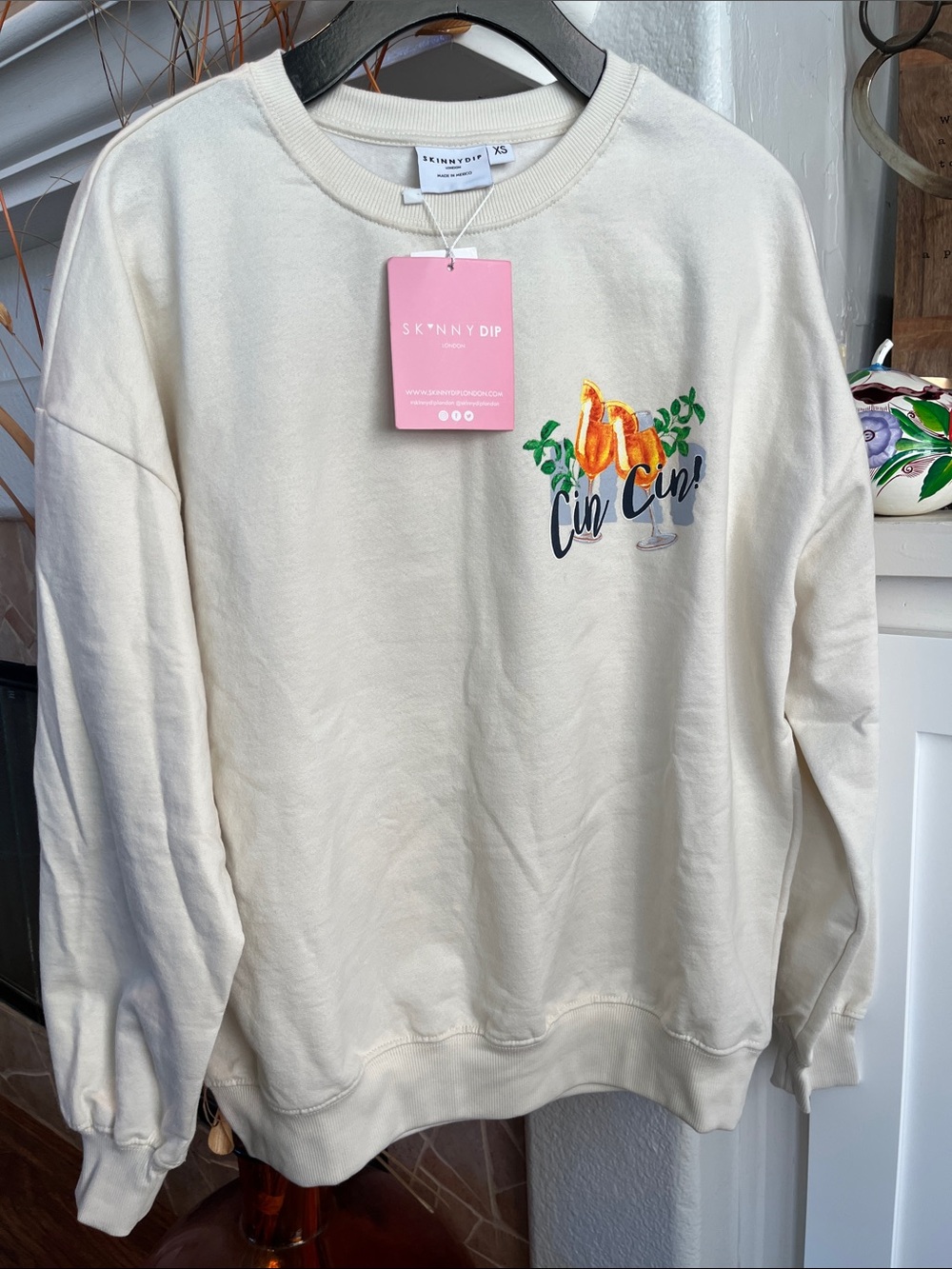 Skinnydip Cream Crewneck Sweatshirt with 'Cin Cin' Embroidery